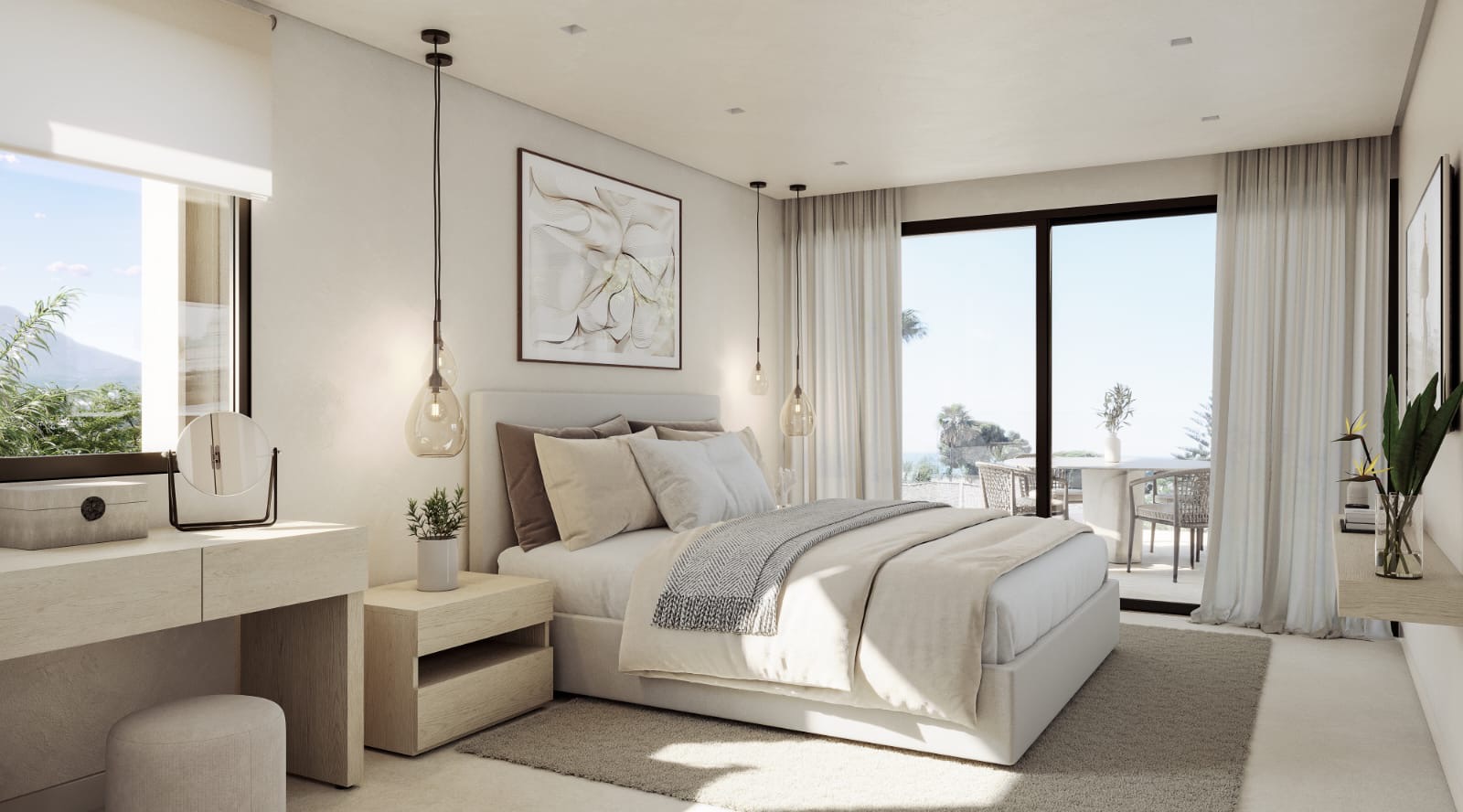 Luxury master bedroom suite render with private terrace